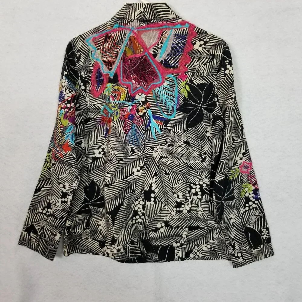 LAURA ASHLEY Ribbon Sequin Accents Leaf Design Denim Jacket Black Small ~ 4450 - Picture 4 of 8